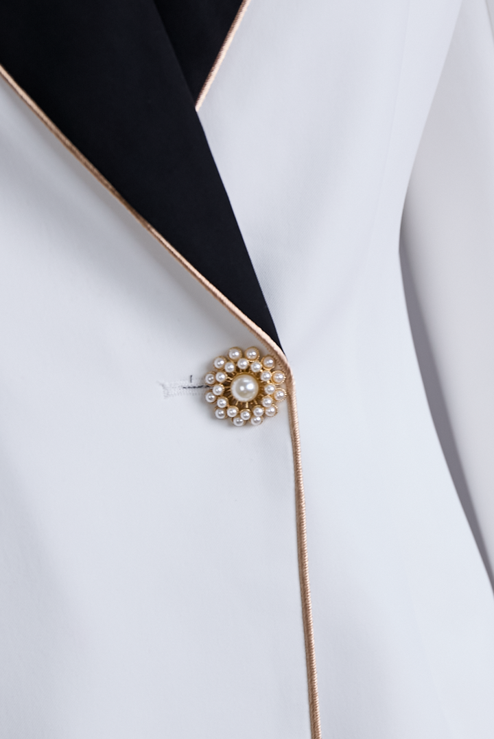Elegant Asymmetrical White Blazer with Black Contrast Lapels