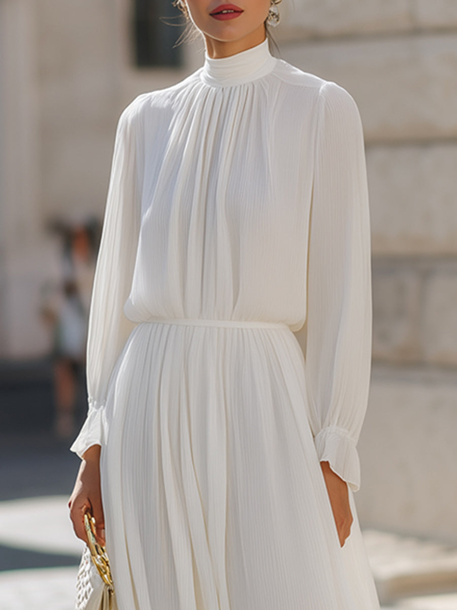 Graceful Pleated High-Neck Maxi Dress