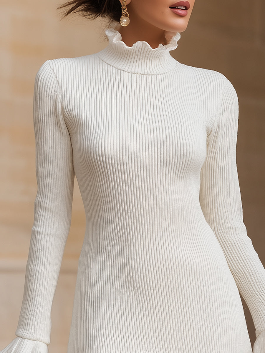 Ribbed Knit Ruffle Trim Mock Neck Mini Dress