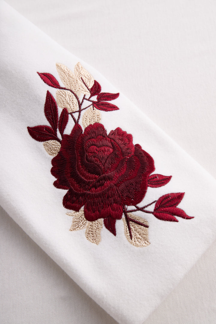 Chic White Blazer with Red Rose Embroidery