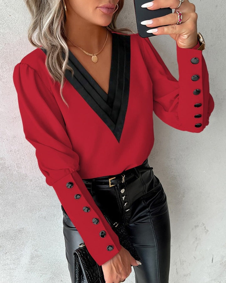 MIRAVENE™ – Contrast V-Neck Blouse