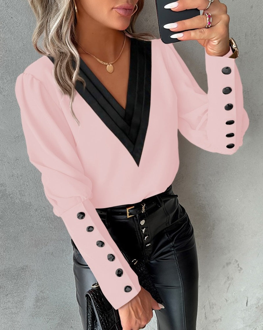 MIRAVENE™ – Contrast V-Neck Blouse