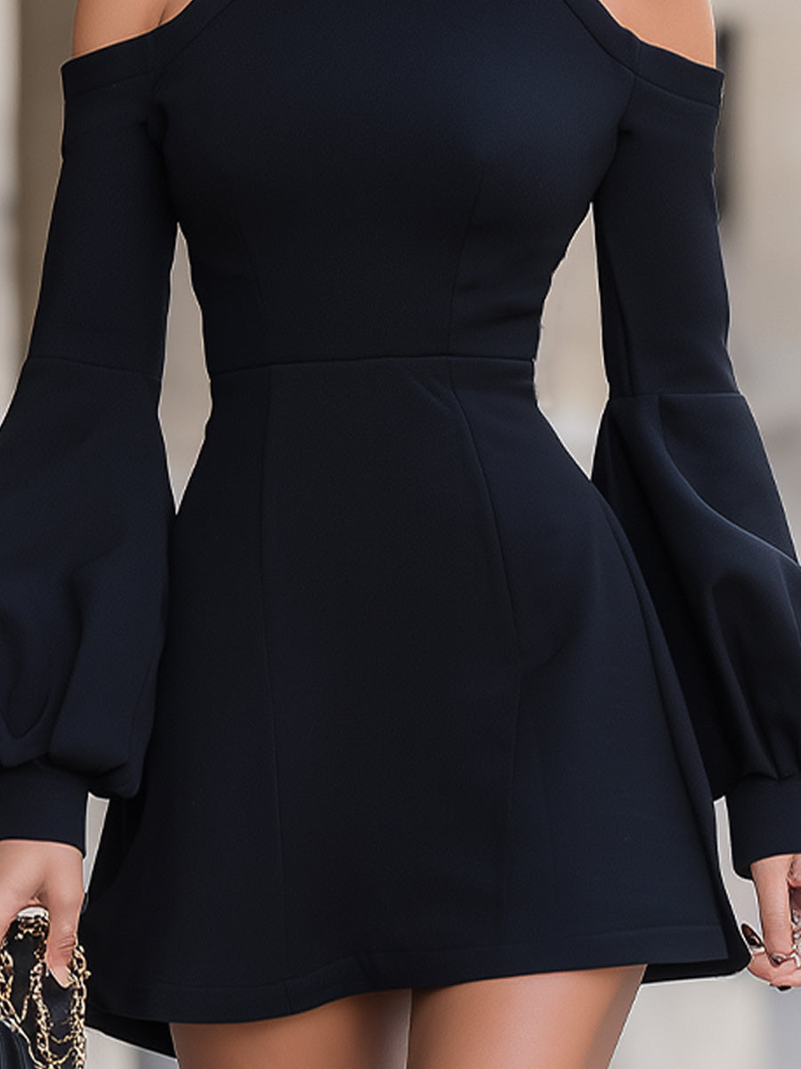 Mock Neck Cold-Shoulder Puff Sleeve Mini Dress